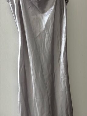 bebe Silver Satin Midi Dress with cowl neck and spaghetti straps Sz L